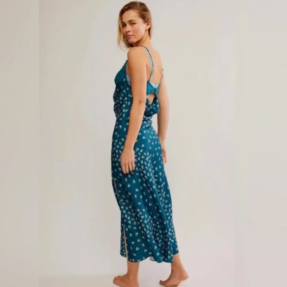 NWT Free People Gossamer Glow Midi Slip Dress Medium Deep Lagoon Combo - Picture 2 of 12